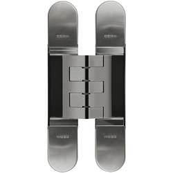 PMI 3-Way Adjustable Invisible Hinge, Door Thickness 1-1/2” (38mm) to 1-3/4” (45mm), Screw Covers Included, 1-1/4” (32mm) W x 7-1/16”(180mm) L x 1-1/8” (29mm) D, Nickel Plated