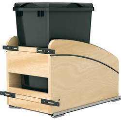 12" W x 22-1/16" D x 20-5/16" H Single Black 35 Quart Craftsman Collection Solid Maple Bottom Mount Pullout Waste Container with Black Accents, (1) Lid and BLUM Soft-Close Slides, Light Brown