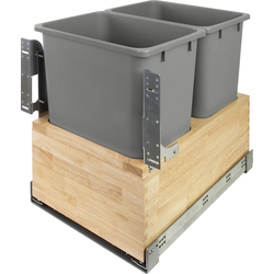 Hafele Elemental Wood Bottom-Mounted Double 36 Quart Roll-Out Trash Bin for 15" Min. Opening Width x 19-1/2" Height x 21-1/2" Depth, Heavy Duty Synchronized Undermount Slide Included, Natural