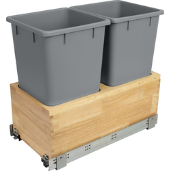 Hafele Elemental Wood Bottom-Mounted Double 28 Quart Roll-Out Trash Bin for 12" Min. Opening Width x 19-1/2" Height x 21-1/2" Depth, Heavy Duty Synchronized Undermount Slide Included, Natural
