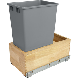 Hafele Elemental Wood Bottom-Mounted Single 52 Quart Roll-Out Trash Bin for 12" Min. Opening Width x 24-1/2" Height x 21-1/2" Depth, Heavy Duty Synchronized Undermount Slide Included, Natural