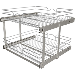 24 Inch Width x 22 Inch Depth Two-Tier Bottom Mount Pullout Steel Wire Organizer, Silver