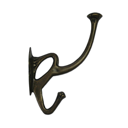 Carved Double Hook 5-3/4 inch L x 1-1/2 inch W, Antique Brass