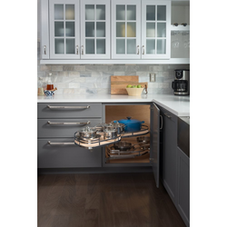 18 Inch Blind Corner Swing Out Right Handed Unit, Walnut Shelves, Bronze Edges, Min. Cabinet Opening: 18 Inch Width