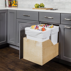 Preassembled 35 Quart Wood Bottom Mount Double Pullout Waste Container, White, Min. Cabinet Opening: 15 Inch Width
