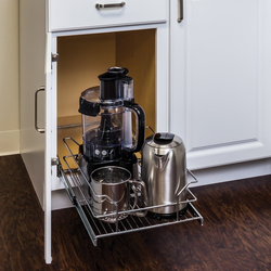 Single Tier Wire Basket Pull-Out Organizer for 15 Inch Min. Cabinet Opening Width, Full Extension, Bottom/Deck Mounted Slides Included, 14-3/8” W x 19-11/16” D x 6-3/16” H, Chrome 