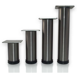 PMI Como 8 Inch (203.2mm) Height, 2" (50mm) Diameter Furniture Leg with Mounting Plate, 1-1/8" Adjustable Height, Brushed Steel