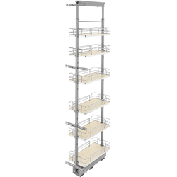 10"W x 73-5/8, 80-3/4 Inch Adjustable Height Pull-Out Pantry Base Cabinet Organizer with 6 Baskets and 4 Door Mount Brackets, Chrome/Maple, Min. Cabinet Opening: 10-1/2"W x 21-3/4"D x 67-1/4"H