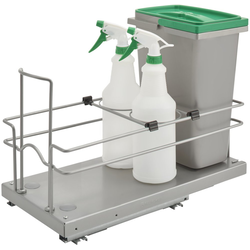 8 Liter Bottom Mount Single Cleaning Trash Pull-Out Waste Container with Lid and (2) 1 Liter Spray Bottles with Soft-Close Slides, Min. Cabinet Opening: 9" Wide, Gray