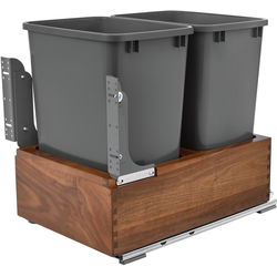 35 Quart Wood Bottom Mount Double Trash Pull-Out Waste Containers with Blum Soft-Close Slides, Min. Cabinet Opening: 15" Wide, Walnut