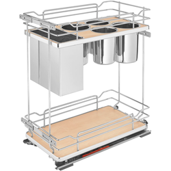 11-3/4 Inch Width 2-Tier Wire Kitchen Base Cabinet Organizer for 12 Inch Width Base Cabinet with Knife Inserts, Bins, and Blum Soft-Close Slides, Natural, Min. Opening: 12" W x 21-3/4" D x 25" H
