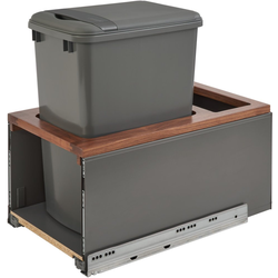 35 Quart Bottom Mount Single Trash Pull-Out Waste Container with Walnut Insert, Metal Blum Legrabox and Blumotion Soft-Close Slides, Min. Cabinet Opening: 13-1/2" Wide, Gray
