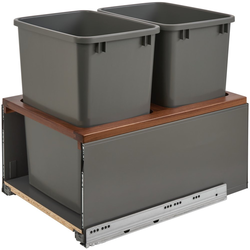 35 Quart Bottom Mount Double Trash Pull-Out Waste Container with Walnut Insert, Metal Blum Legrabox and Blumotion Soft-Close Slides, Min. Cabinet Opening: 16-1/2" Wide, Gray