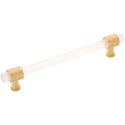 8-1/16 Inch Wide and 6-5/16 Inch Center to Center Chrysalis Pull, Brushed Golden Brass With Frosted Glass