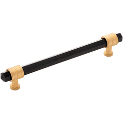 8-1/16 Inch Wide and 6-5/16 Inch Center to Center Chrysalis Pull, Brushed Golden Brass With Opaque Black Glass