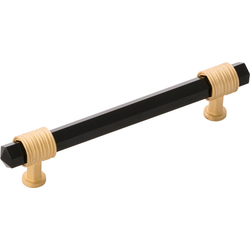 6-13/16 Inch Wide and 5-1/16 Inch Center to Center Chrysalis Pull, Brushed Golden Brass With Opaque Black Glass