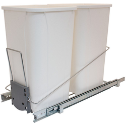  Double Waste Pull-Out, 27 Quarts x 2, Cabinet Floor Mounted, Minimum Cabinet Opening 12” W x 21-3/4” deep x 19-1/2” H, Holder: Chrome, Bin: White