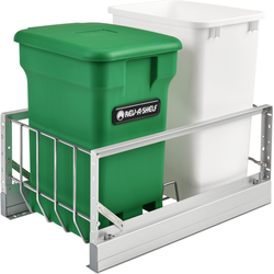 35 Quart Aluminum Bottom Mount Pull-Out Waste Container with (1) Compo+ Bin, White/Green, Min. Cabinet Opening: 15"W x 22-3/8"D x 19-1/2"H