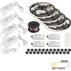  65 Foot Length Vivid LED Wireless Four Zone Tape Light Kit including Remote, Receiver (4), Power Supply (4), Cable, and Connectors, 12V/24W, 3000K Soft White