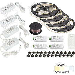  65 Foot Length Vivid LED Wireless Four Zone Tape Light Kit including Remote, Receiver (4), Power Supply (4), Cable, and Connectors, 12V/24W, 4000K Cool White