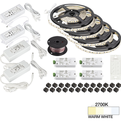  65 Foot Length Vivid LED Wireless Four Zone Tape Light Kit including Remote, Receiver (4), Power Supply (4), Cable, and Connectors, 12V/24W, 2700K Warm White