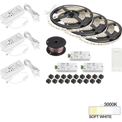  49 Foot Length Vivid LED Wireless Three Zone Tape Light Kit including Remote, Receiver (3), Power Supply (3), Cable, and Connectors, 12V/24W, 3000K Soft White
