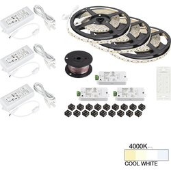  49 Foot Length Vivid LED Wireless Three Zone Tape Light Kit including Remote, Receiver (3), Power Supply (3), Cable, and Connectors, 12V/24W, 4000K Cool White