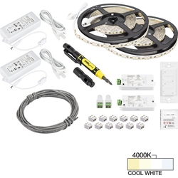  32 Foot Length Vivid LED Wireless Two Zone Tape Light Kit including Remote, Receivers (2), Power Supplies (2), Cable, and Connectors, 12V/24W, 4000K Cool White
