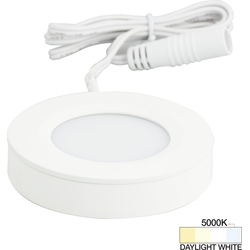  Task Surface or Recessed Mount LED Puck/Spot Light with Lead, 3/8 Inch Height x 2-3/4 Inch Diameter, 12V/3W, 5000K Daylight White, White