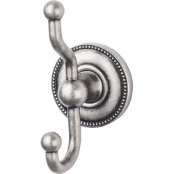 5 Inch Length Edwardian Double Robe Hook with Beaded Backplate, Pewter
