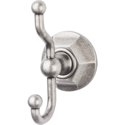5 Inch Length Edwardian Double Robe Hook with Hex Backplate, Pewter