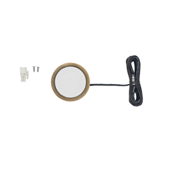 Final Sale, Power Pocket Spot/Puck Light, 12V/3W, Recessed or Surface Mounted, Borehole Diameter 2-1/4 Inch, Trim Ring and 79 Inch Lead included, 5000K Cool White, Antique Brass