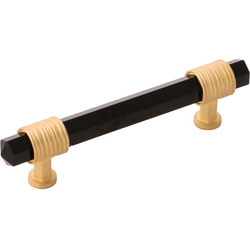 3-3/4 Inch (96mm) Center to Center Chrysalis Cabinet Pull, Brushed Golden Brass with Opaque Black Glass (10 Pack)