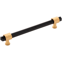 6-5/16 Inch (160mm) Center to Center Chrysalis Cabinet Pull, Brushed Golden Brass with Opaque Black Glass (10 Pack)