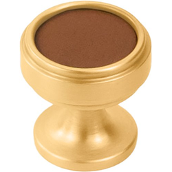 1-1/4 Inch Diameter Reserve Round Cabinet Knob, Brushed Golden Brass with Brown Leather