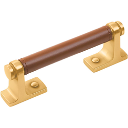 3-3/4 Inch (96mm) Center to Center Reserve Pull, Brushed Golden Brass with Brown Leather
