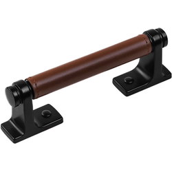 3-3/4 Inch (96mm) Center to Center Reserve Pull, Matte Black with Brown Leather