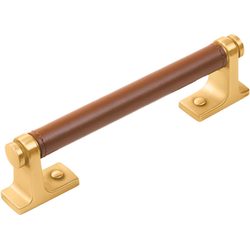 5-1/16 Inch (128mm) Center to Center Reserve Pull, Brushed Golden Brass with Brown Leather