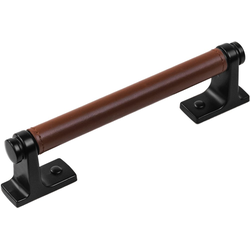 5-1/16 Inch (128mm) Center to Center Reserve Pull, Matte Black with Brown Leather
