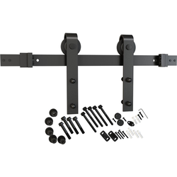 6-1/2 Foot Flat Surface Mount Barn Door Hardware Kit, Steel Matte Black, Black Wheel