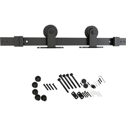 6-1/2 Foot Flat Top Mount Barn Door Hardware Kit, Steel Matte Black, Black Wheel