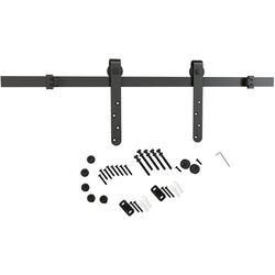 MINI Barn Door Hardware and 70" Length Track Set, For 1" to 1-3/4" Door Thicknesses, Flat Surface-Mounted Rollers, Steel Matte Black, Black Wheels