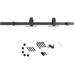 Johnson Hardware MINI Barn Door Hardware and 70" Length Track Set, For 1" to 1-3/4" Door Thicknesses, Flat Top-Mounted Rollers, Steel Matte Black, Black Wheels